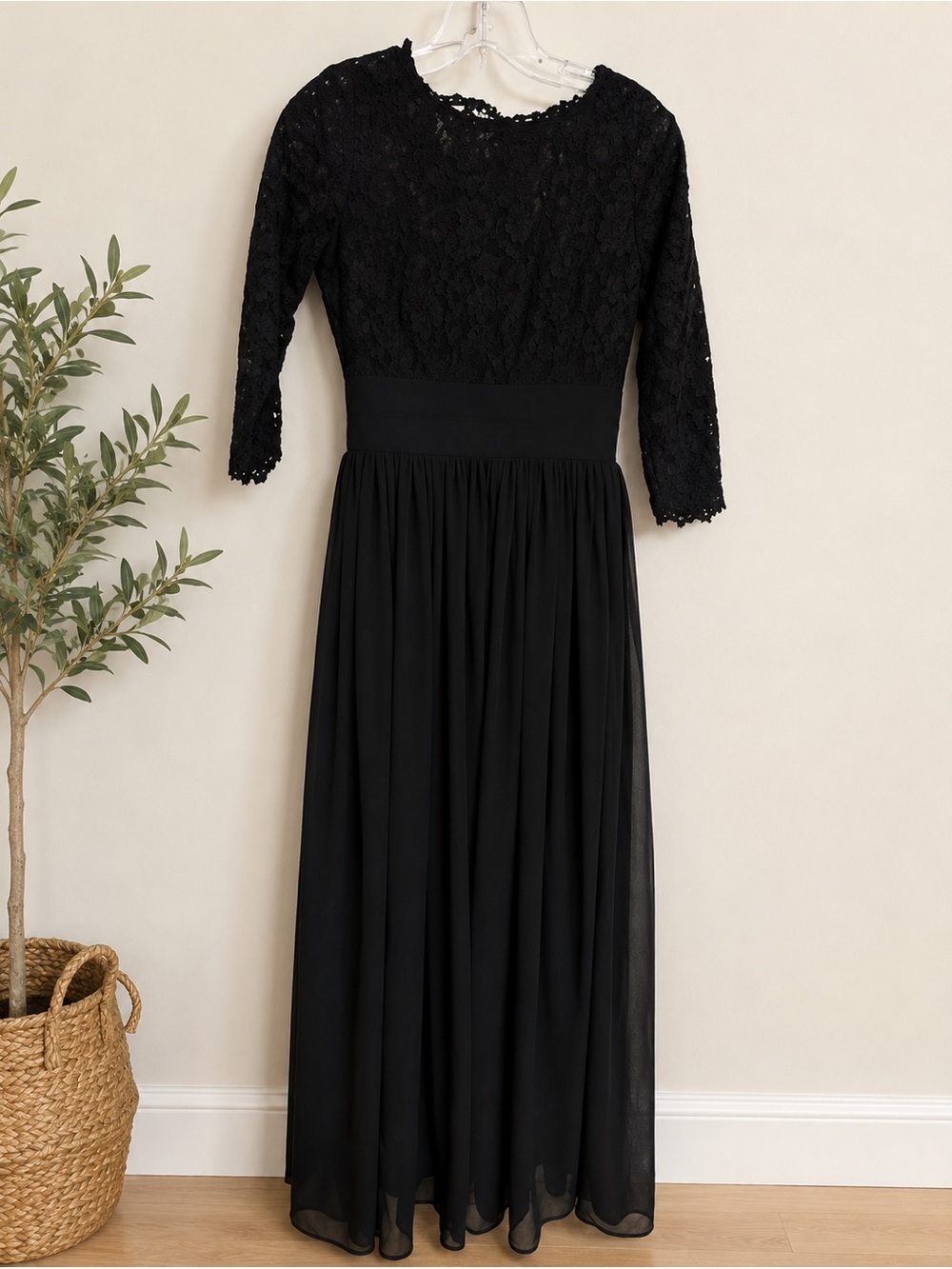 Dainty Jewells Black Lace Maxi Dress with Three-Quarter Sleeves